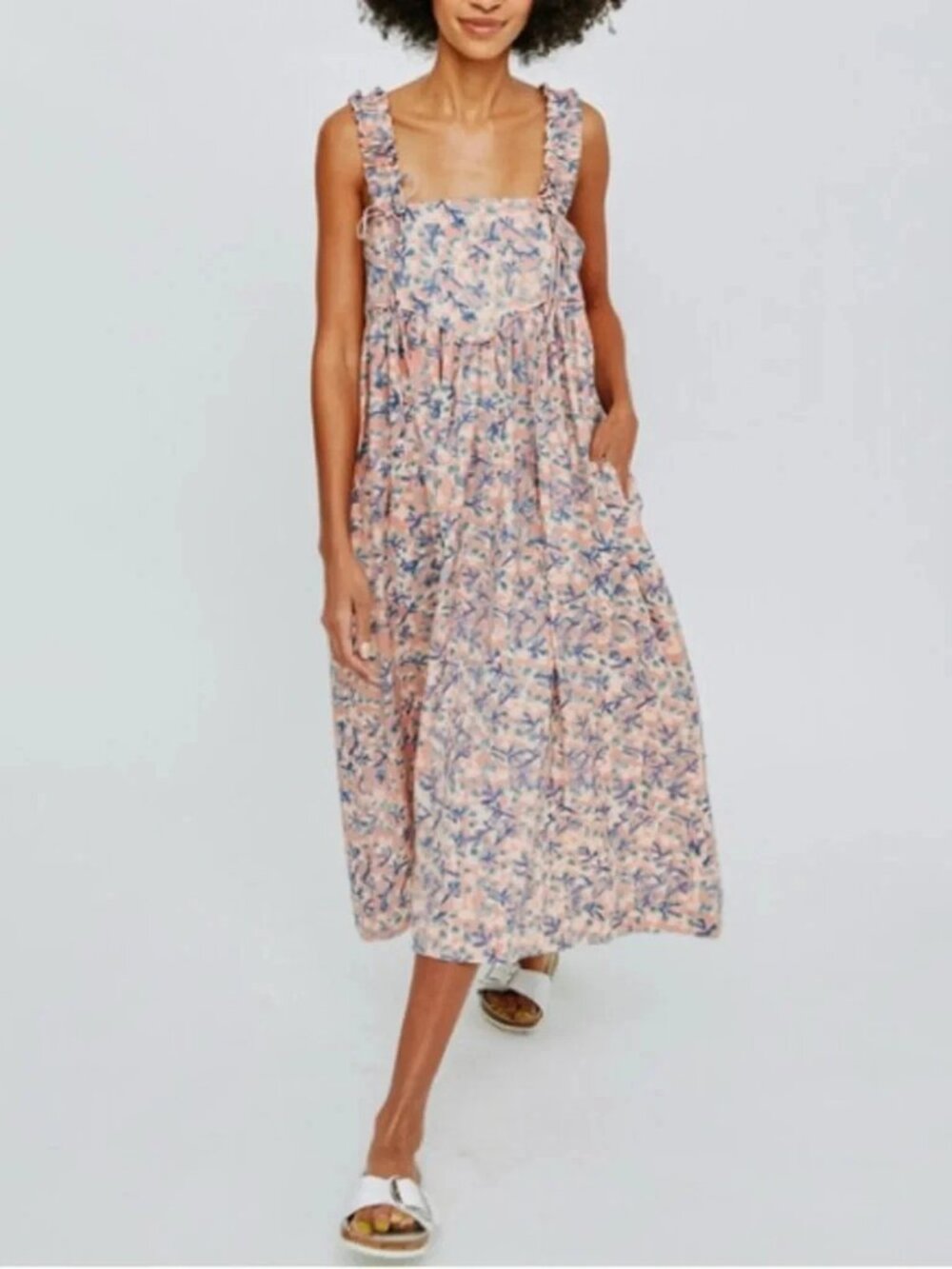 Mirth Newport Midi Dress Sz M in Gernanium Pink Blue Cotton Lined Adj Straps